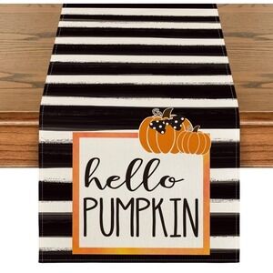 Watercolor Stripes Hello Pumpkin Thanksgiving Table Runner Seasonal Fall Harvest
